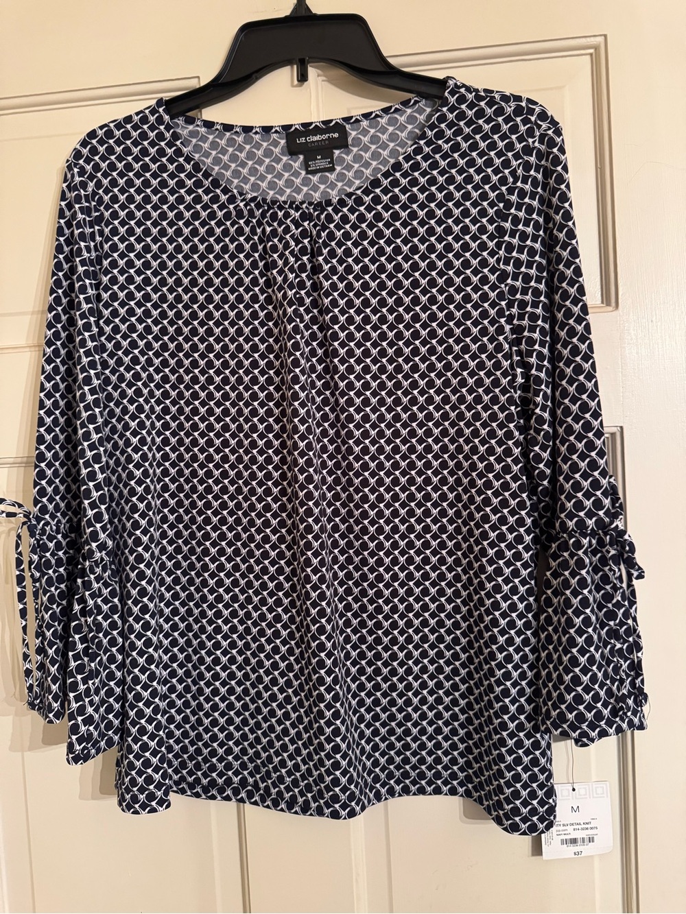 Liz Claiborne Navy and White Geometric Tie-Sleeve Blouse